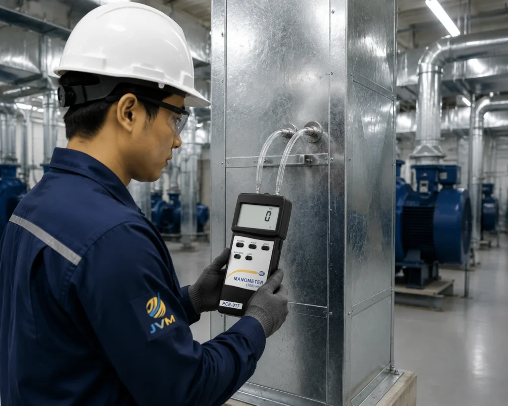 Teknisi industri menggunakan digital manometer PCE-917 untuk mengukur tekanan diferensial pada sistem ducting HVAC di fasilitas manufaktur modern dengan lingkungan pabrik bersih dan peralatan mekanikal besar.