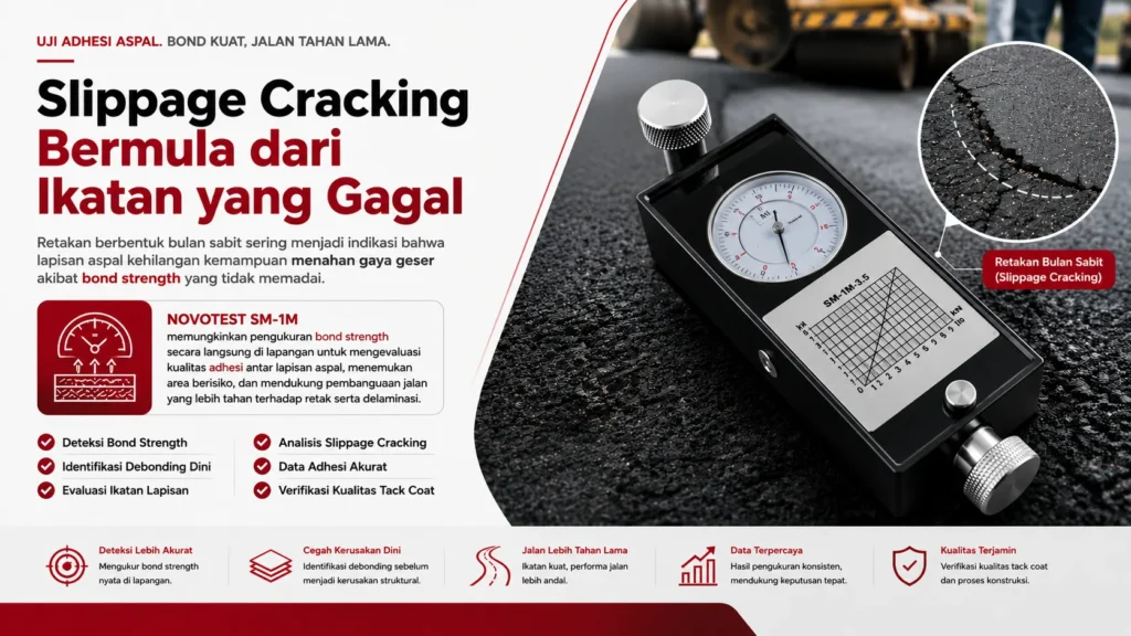 mengukur daya lekat pada lapisan bitumen untuk mencegah terjadinya slippage cracking menggunakan alat ukur adhesi novotest sm-1m