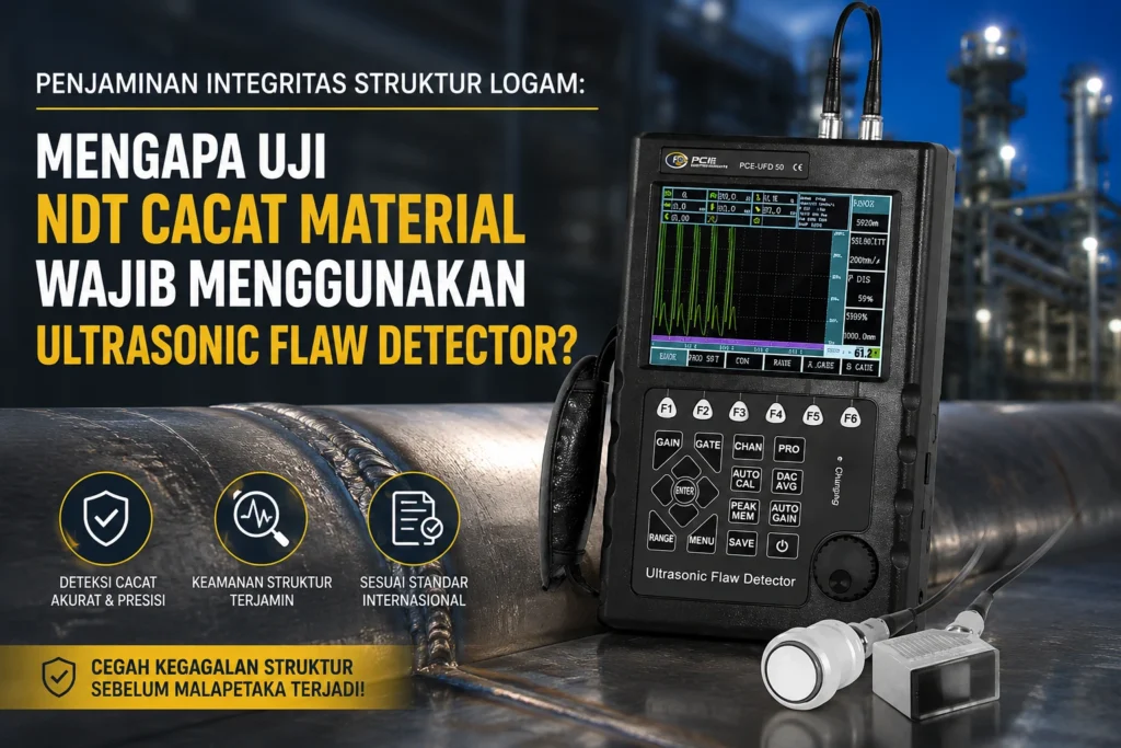 Ultrasonic Flaw Detector PCE-UFD 50 untuk inspeksi NDT cacat material dan pengujian integritas struktur logam pada sambungan las pipa industri.