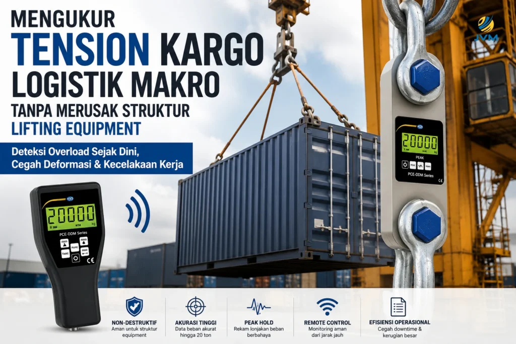 Crane scale digital PCE-DDM 20 mengukur tension kargo logistik makro pada proses pengangkatan kontainer dengan sistem remote control dan deteksi overload.