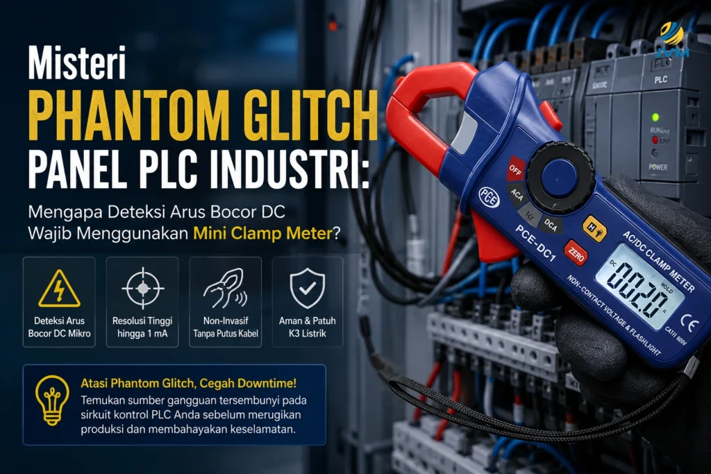 Mini Clamp Meter PCE-DC1 untuk deteksi arus bocor DC pada panel PLC industri guna mengatasi phantom glitch dan mencegah downtime mesin.