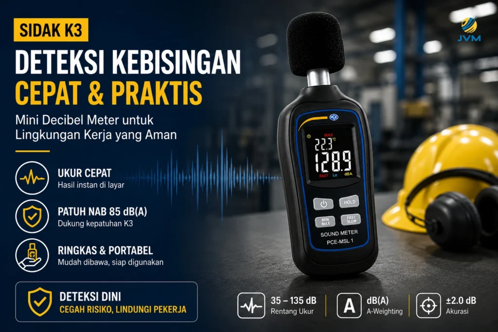 Mini Decibel Meter PCE-MSL 1 ditampilkan di lingkungan industri dengan latar helm keselamatan. Alat ukur kebisingan portabel ini digunakan untuk deteksi cepat tingkat suara guna mendukung inspeksi K3 dan melindungi kesehatan pekerja.