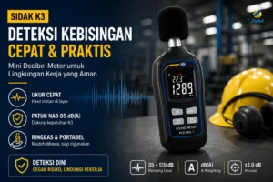 Mini Decibel Meter PCE-MSL 1 ditampilkan di lingkungan industri dengan latar helm keselamatan. Alat ukur kebisingan portabel ini digunakan untuk deteksi cepat tingkat suara guna mendukung inspeksi K3 dan melindungi kesehatan pekerja.