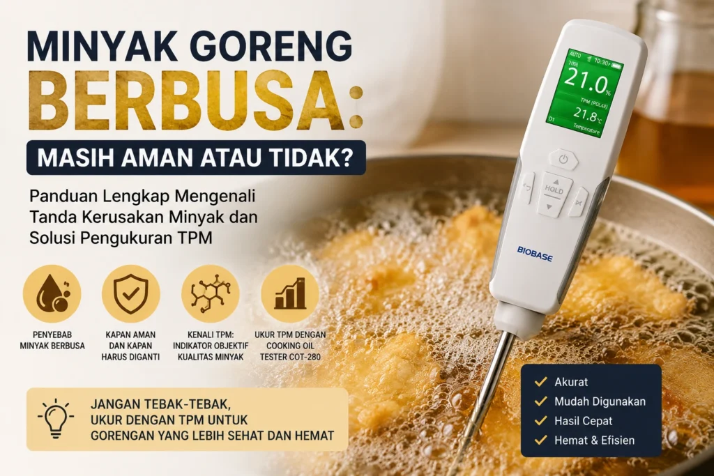 Feature image menampilkan minyak goreng bekas berwarna cokelat gelap yang berbusa di dalam wajan, dengan alat Cooking Oil Tester COT-280 Biobase digunakan untuk mengukur nilai Total Polar Material (TPM). Ilustrasi ini menggambarkan pentingnya mengidentifikasi kerusakan minyak goreng secara objektif sebelum digunakan kembali.