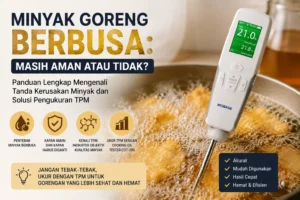 Feature image menampilkan minyak goreng bekas berwarna cokelat gelap yang berbusa di dalam wajan, dengan alat Cooking Oil Tester COT-280 Biobase digunakan untuk mengukur nilai Total Polar Material (TPM). Ilustrasi ini menggambarkan pentingnya mengidentifikasi kerusakan minyak goreng secara objektif sebelum digunakan kembali.