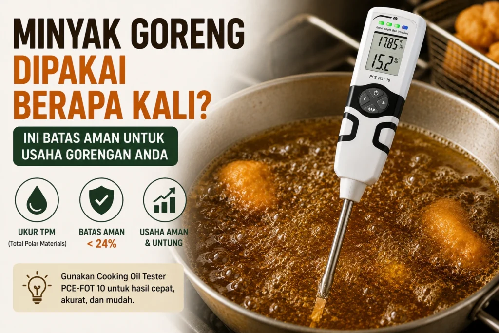 Feature image menampilkan Cooking Oil Tester PCE-FOT 10 yang digunakan untuk mengukur kualitas minyak goreng pada wajan berisi minyak panas. Visual menyoroti pentingnya mengetahui batas aman penggunaan minyak goreng berdasarkan nilai Total Polar Materials (TPM), bukan hanya jumlah pemakaian.