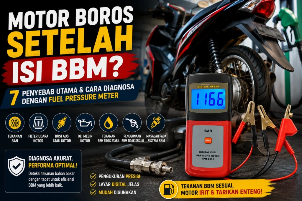 Feature image menampilkan Fuel Pressure Meter AMTAST FPM-2680 dengan latar belakang sepeda motor di area SPBU. Visual ini menggambarkan proses diagnosis tekanan bahan bakar untuk mengidentifikasi penyebab motor boros setelah mengisi BBM.