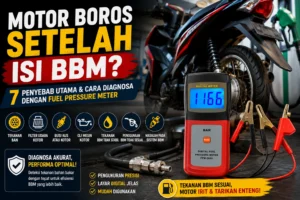 Feature image menampilkan Fuel Pressure Meter AMTAST FPM-2680 dengan latar belakang sepeda motor di area SPBU. Visual ini menggambarkan proses diagnosis tekanan bahan bakar untuk mengidentifikasi penyebab motor boros setelah mengisi BBM.