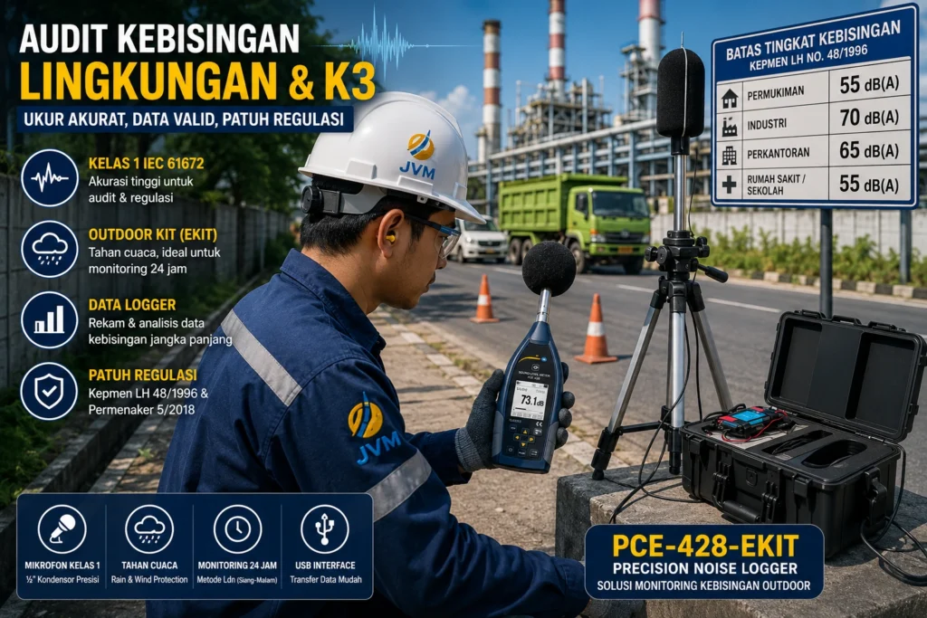 Petugas K3 Indonesia menggunakan precision noise logger dan sound level meter untuk mengukur kebisingan lingkungan industri secara akurat.