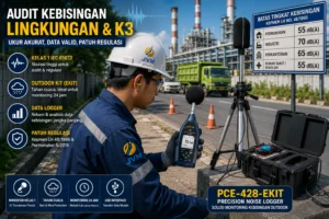 Petugas K3 Indonesia menggunakan precision noise logger dan sound level meter untuk mengukur kebisingan lingkungan industri secara akurat.