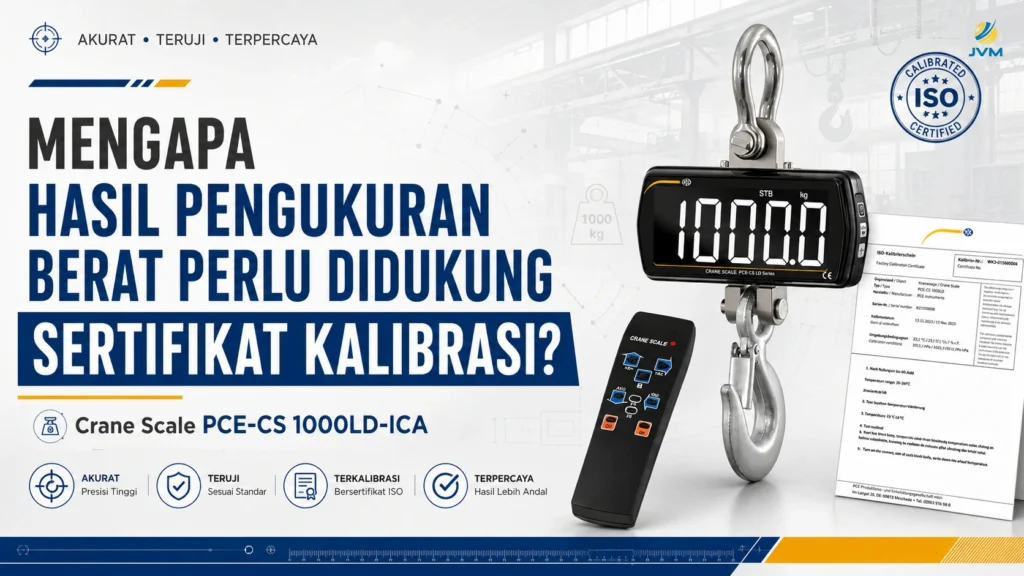 Crane Scale PCE-CS 1000LD-ICA dengan sertifikat kalibrasi untuk pengukuran berat beban industri yang lebih terpercaya.