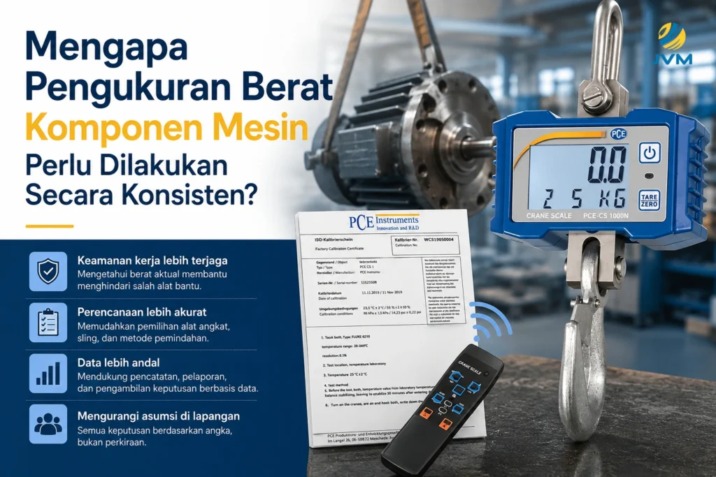 Crane scale PCE-CS 1000N dengan sertifikat kalibrasi untuk pengukuran berat komponen mesin di workshop.