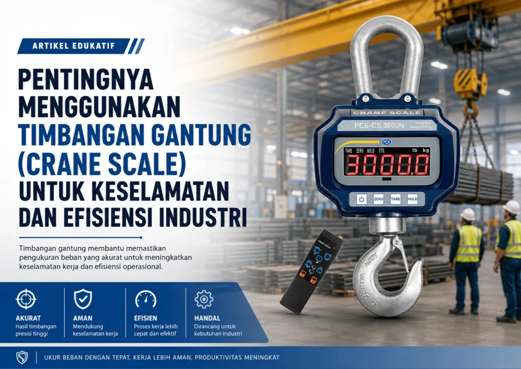 Feature image artikel tentang pentingnya menggunakan timbangan gantung crane scale PCE-CS 3000N untuk mengukur beban industri secara akurat, aman, dan efisien.
