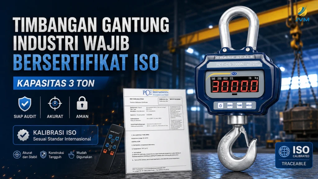 Timbangan gantung industri PCE-CS 3000N-ICA kapasitas 3 ton dengan sertifikat kalibrasi ISO untuk kebutuhan audit, akurasi, dan keselamatan kerja industri.