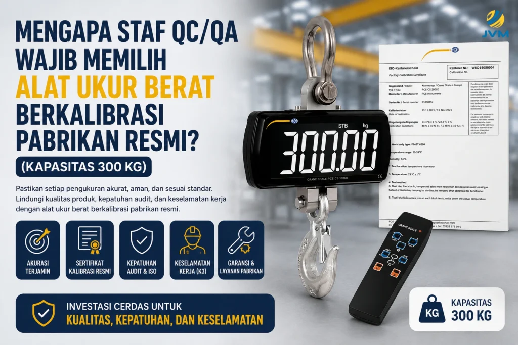 Crane scale 300 kg berkalibrasi resmi untuk QC/QA dengan sertifikat kalibrasi dan kepatuhan audit mutu.
