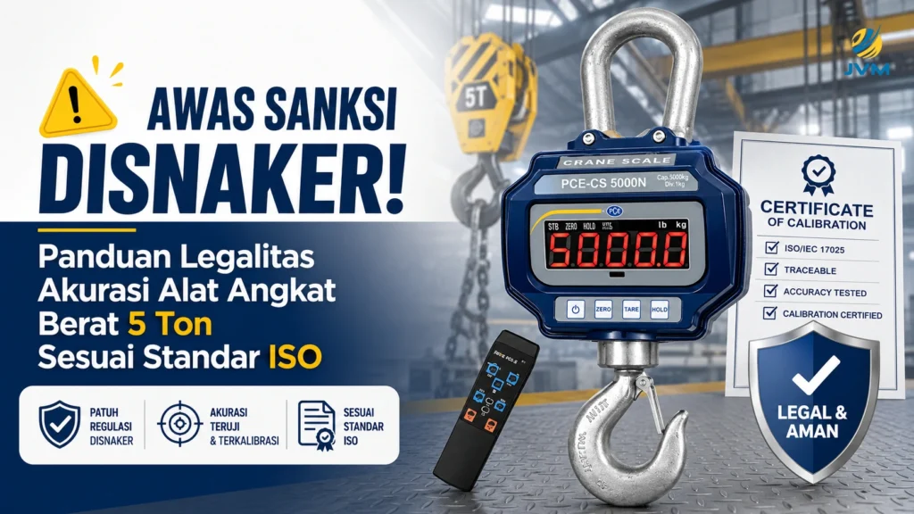 Feature image crane scale PCE-CS 5000N kapasitas 5 ton dengan sertifikat kalibrasi ISO, ikon peringatan sanksi Disnaker, dan latar industri untuk panduan legalitas alat angkat berat.