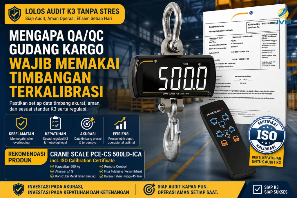 Timbangan crane terkalibrasi ISO untuk audit K3 gudang kargo dengan sertifikat kalibrasi dan remote control.