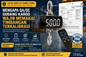 Timbangan crane terkalibrasi ISO untuk audit K3 gudang kargo dengan sertifikat kalibrasi dan remote control.