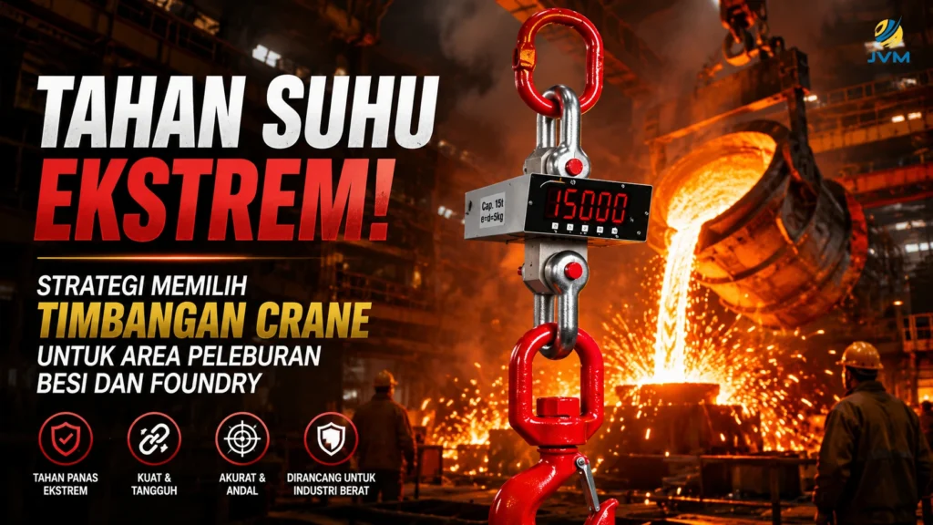 Timbangan crane heavy-duty di area peleburan besi dengan latar foundry bersuhu ekstrem dan percikan logam cair.