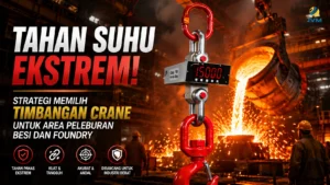 Timbangan crane heavy-duty di area peleburan besi dengan latar foundry bersuhu ekstrem dan percikan logam cair.