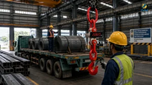 Timbangan crane 30 ton digunakan untuk menghitung tonase material baja sebelum dimuat ke truk agar terhindar dari risiko ODOL dan tilang kelebihan muatan.