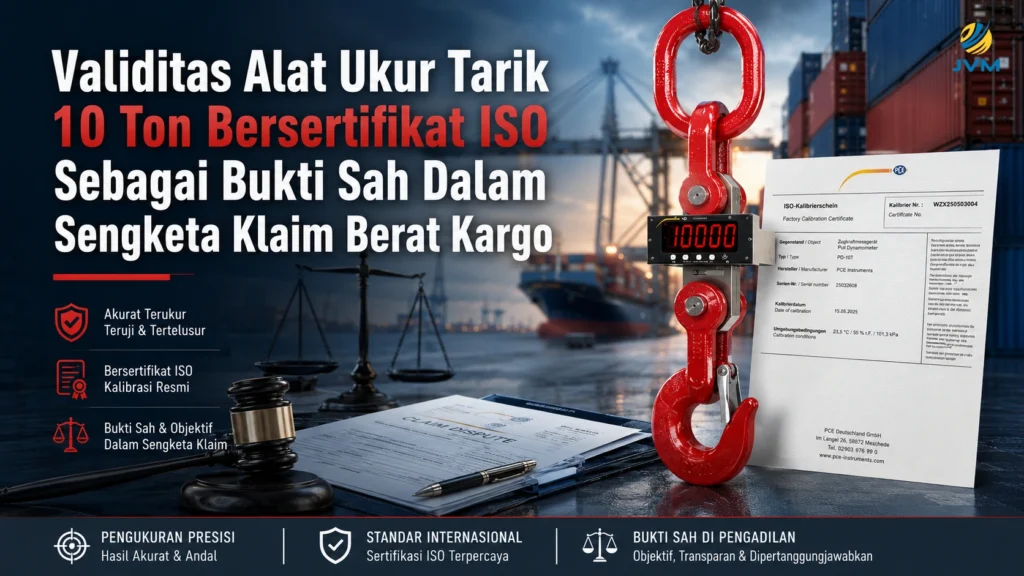 Alat ukur tarik 10 ton bersertifikat ISO sebagai bukti sah dalam sengketa klaim berat kargo di pelabuhan.