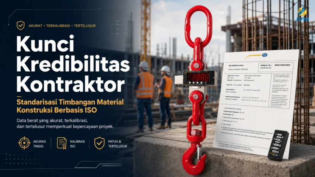 Infografis komersial di lokasi konstruksi menampilkan crane scale berwarna merah dengan sertifikat kalibrasi ISO, menyoroti akurasi tinggi, kepatuhan ISO/IEC 17025, dan manfaat standarisasi timbangan material untuk kredibilitas kontraktor.