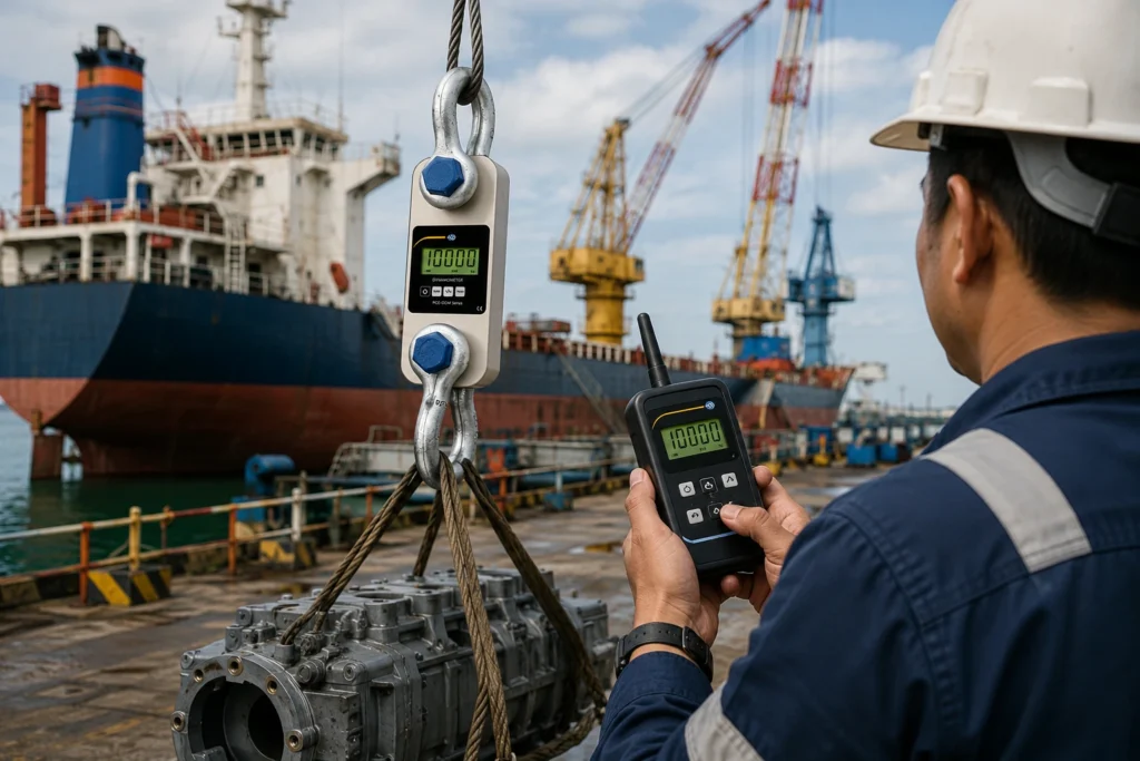 Operator rigging kapal Indonesia menggunakan dynamometer nirkabel 10 ton untuk memantau beban angkat dari jarak aman di area pelabuhan.