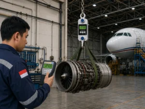 Teknisi Indonesia menggunakan crane scale digital untuk menimbang komponen mesin pesawat seberat 12.400 kg di dalam hanggar perawatan pesawat.