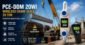 Wireless Crane Scale PCE-DDM 20WI dengan remote indicator untuk memantau beban 20 ton secara real-time di area blind spot proyek konstruksi.