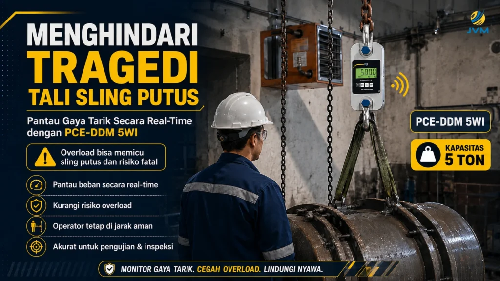 Operator crane memantau pengangkatan beban berat dengan alat ukur gaya tarik PCE-DDM 5WI secara real-time untuk mencegah risiko tali sling putus.