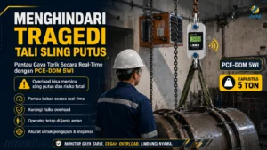 Operator crane memantau pengangkatan beban berat dengan alat ukur gaya tarik PCE-DDM 5WI secara real-time untuk mencegah risiko tali sling putus.