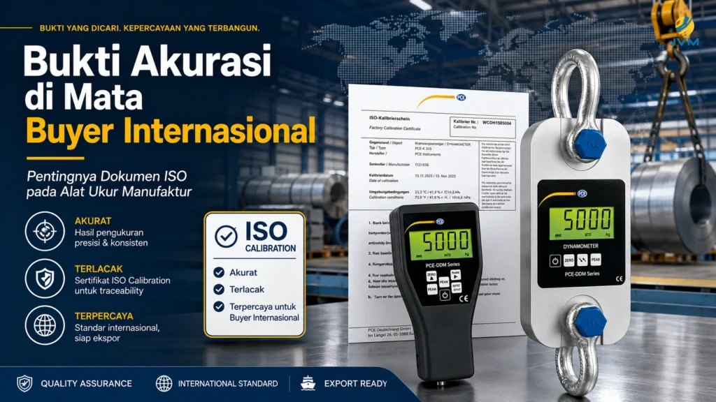Crane Scale PCE-DDM 5-ICA dengan sertifikat kalibrasi ISO untuk bukti akurasi alat ukur manufaktur.