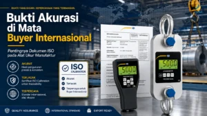 Crane Scale PCE-DDM 5-ICA dengan sertifikat kalibrasi ISO untuk bukti akurasi alat ukur manufaktur.