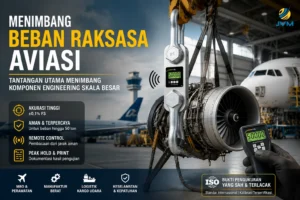Crane scale 50 ton menimbang engine pesawat di hanggar aviasi untuk pengukuran beban komponen engineering skala besar.