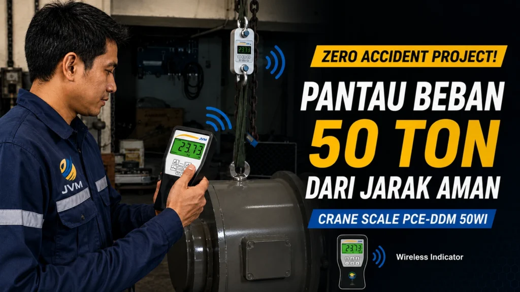Teknisi JVM memantau beban 50 ton menggunakan Crane Scale PCE-DDM 50WI dengan wireless indicator dari jarak aman.