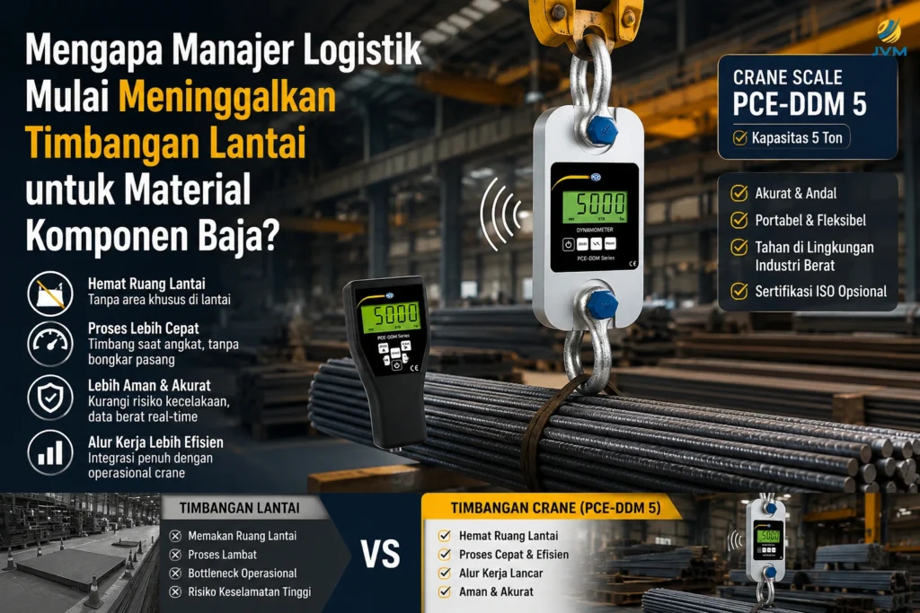 Crane Scale PCE-DDM 5 untuk menimbang material komponen baja secara cepat, aman, dan hemat ruang di gudang logistik industri.