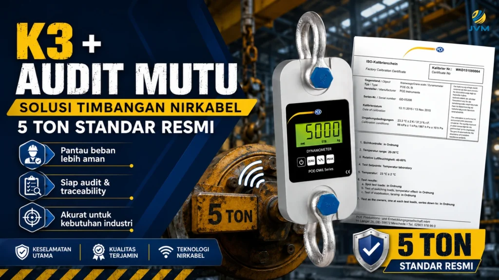 Timbangan crane nirkabel PCE-DDM 5WI-ICA kapasitas 5 ton dengan sertifikat kalibrasi ISO untuk mendukung K3 dan audit mutu industri.