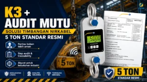 Timbangan crane nirkabel PCE-DDM 5WI-ICA kapasitas 5 ton dengan sertifikat kalibrasi ISO untuk mendukung K3 dan audit mutu industri.