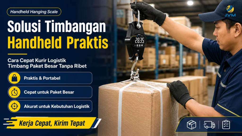 Kurir logistik menimbang paket besar menggunakan timbangan handheld gantung di area gudang untuk mempercepat proses pengiriman.