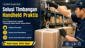 Kurir logistik menimbang paket besar menggunakan timbangan handheld gantung di area gudang untuk mempercepat proses pengiriman.
