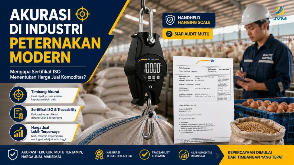 Timbangan handheld gantung dengan sertifikat ISO digunakan di lingkungan peternakan modern untuk mendukung akurasi penimbangan dan penentuan harga jual komoditas.