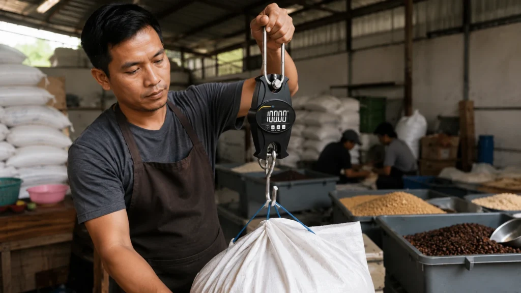 UMKM menimbang karung bahan baku menggunakan timbangan gantung ringkas di area produksi untuk mempercepat proses sortir material.