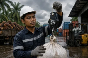 Timbangan handheld digital 300 kg digunakan pekerja Indonesia di area industri saat hujan dengan latar gudang, forklift, dan muatan berat.