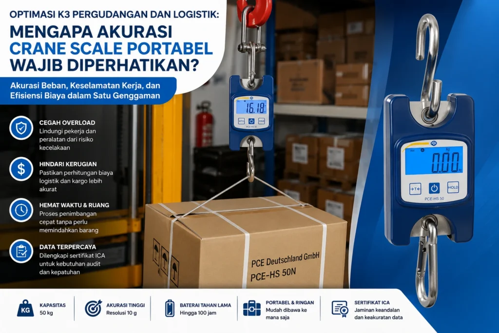 Crane scale portabel digital digunakan untuk menimbang beban kotak barang di area pergudangan dan logistik.