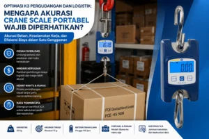 Crane scale portabel digital digunakan untuk menimbang beban kotak barang di area pergudangan dan logistik.