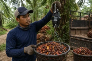 Petani Indonesia menggunakan timbangan gantung digital untuk menimbang hasil panen sawit langsung di perkebunan tropis.