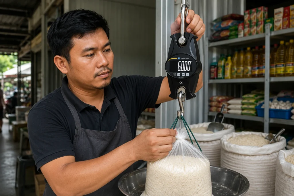 Pedagang Indonesia menggunakan timbangan gantung digital dengan sertifikat kalibrasi untuk menimbang barang di toko ritel.