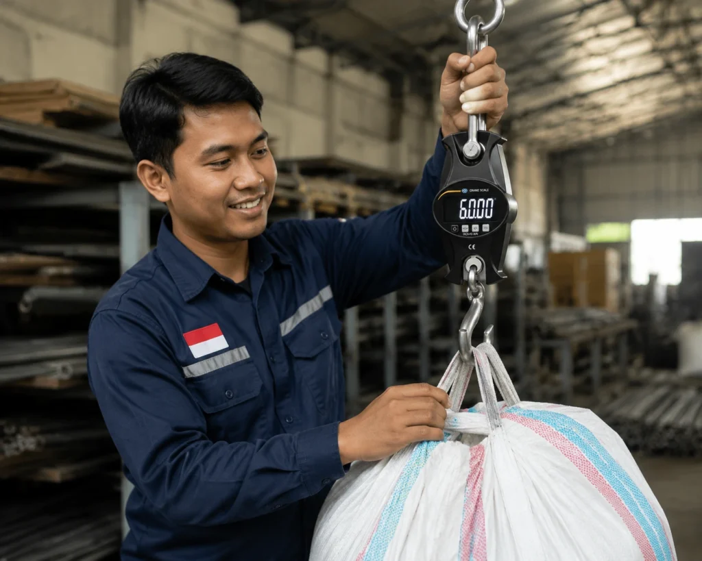 Seorang operator Indonesia menggunakan crane scale digital di gudang industri untuk menimbang karung besar sebagai bagian dari proses quality control dan verifikasi akurasi timbangan.