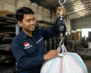 Seorang operator Indonesia menggunakan crane scale digital di gudang industri untuk menimbang karung besar sebagai bagian dari proses quality control dan verifikasi akurasi timbangan.